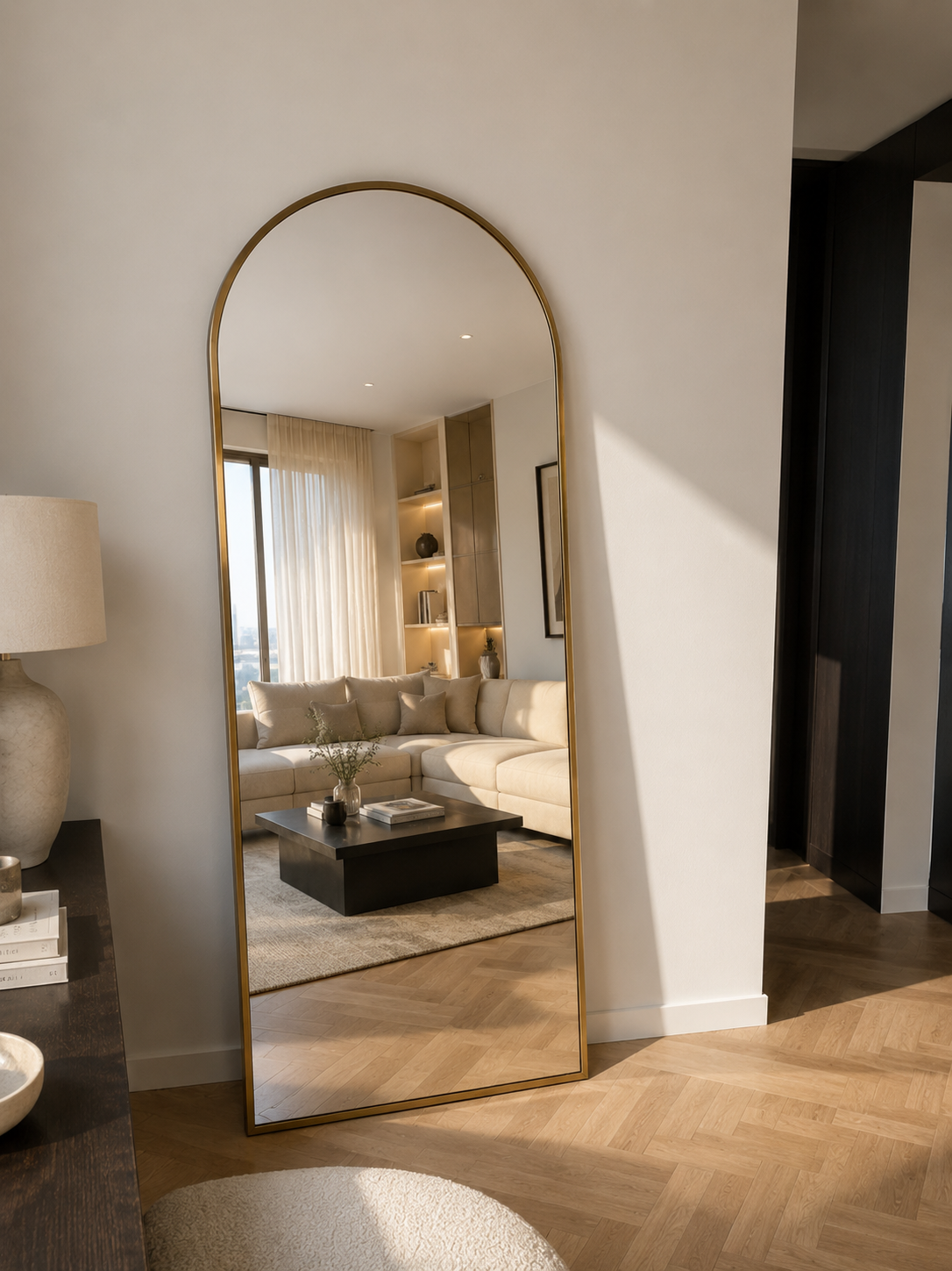 Large Freestanding Oval Mirror 71" × 27.5" – Black & Gold
